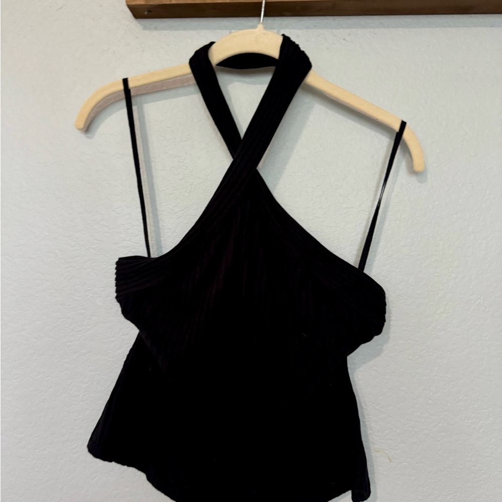 Anthropologie Black Cross-Front Ribbed Halter Tank